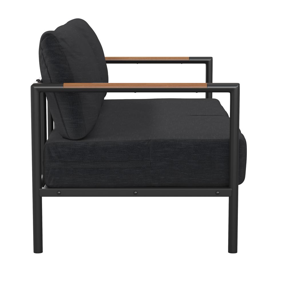 Patio Loveseat with Cushions  with Teak Accent Arms, Black-Charcoal Cushions. Picture 8
