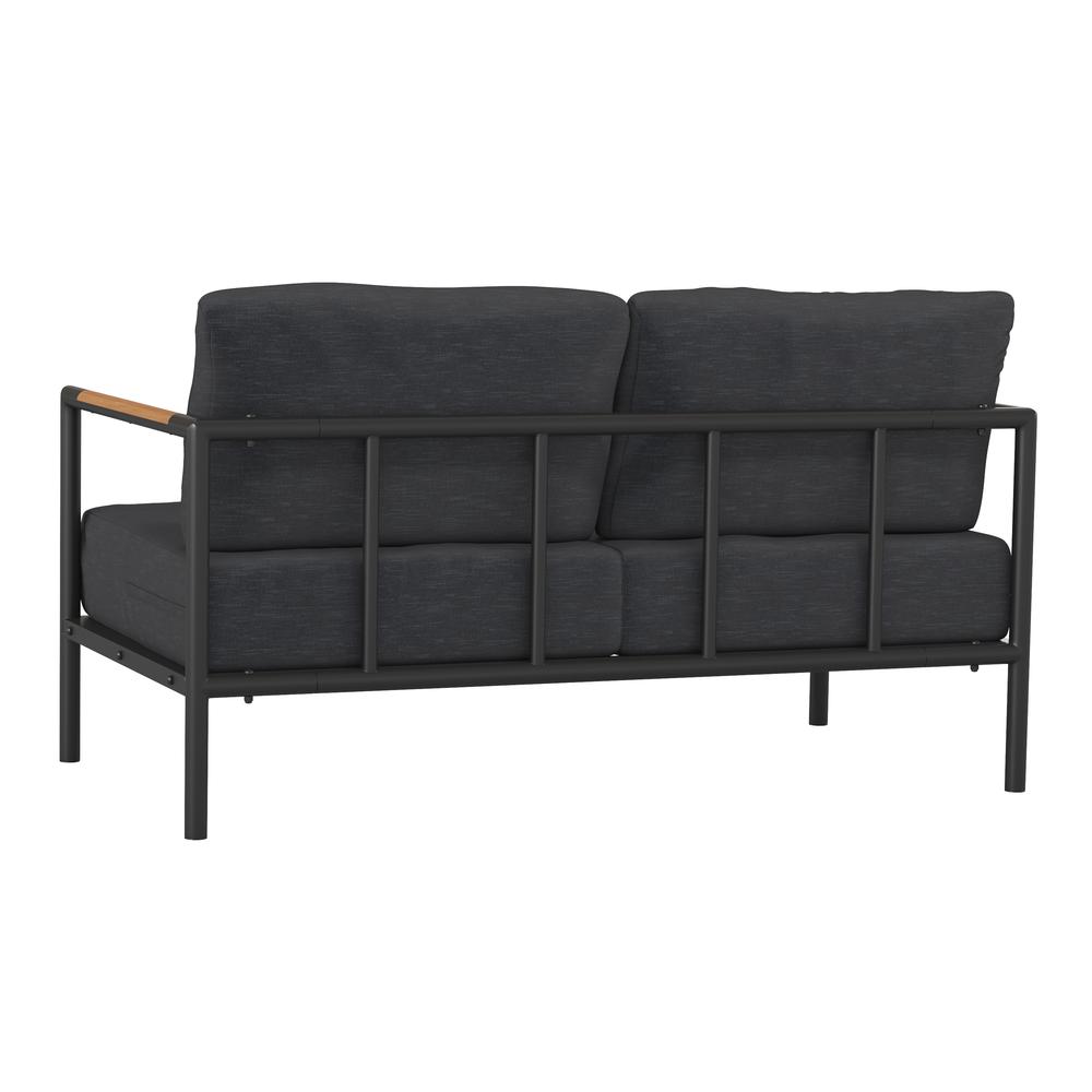 Patio Loveseat with Cushions  with Teak Accent Arms, Black-Charcoal Cushions. Picture 6