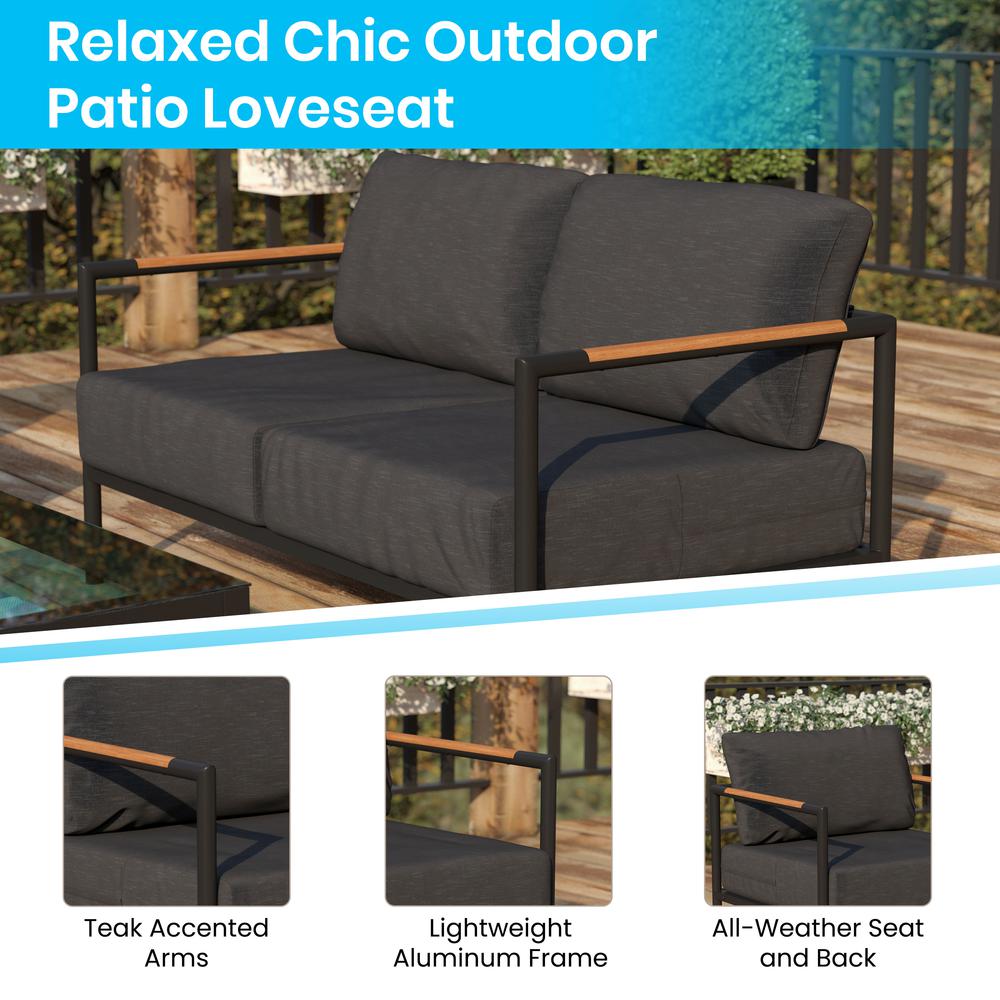 Patio Loveseat with Cushions  with Teak Accent Arms, Black-Charcoal Cushions. Picture 4