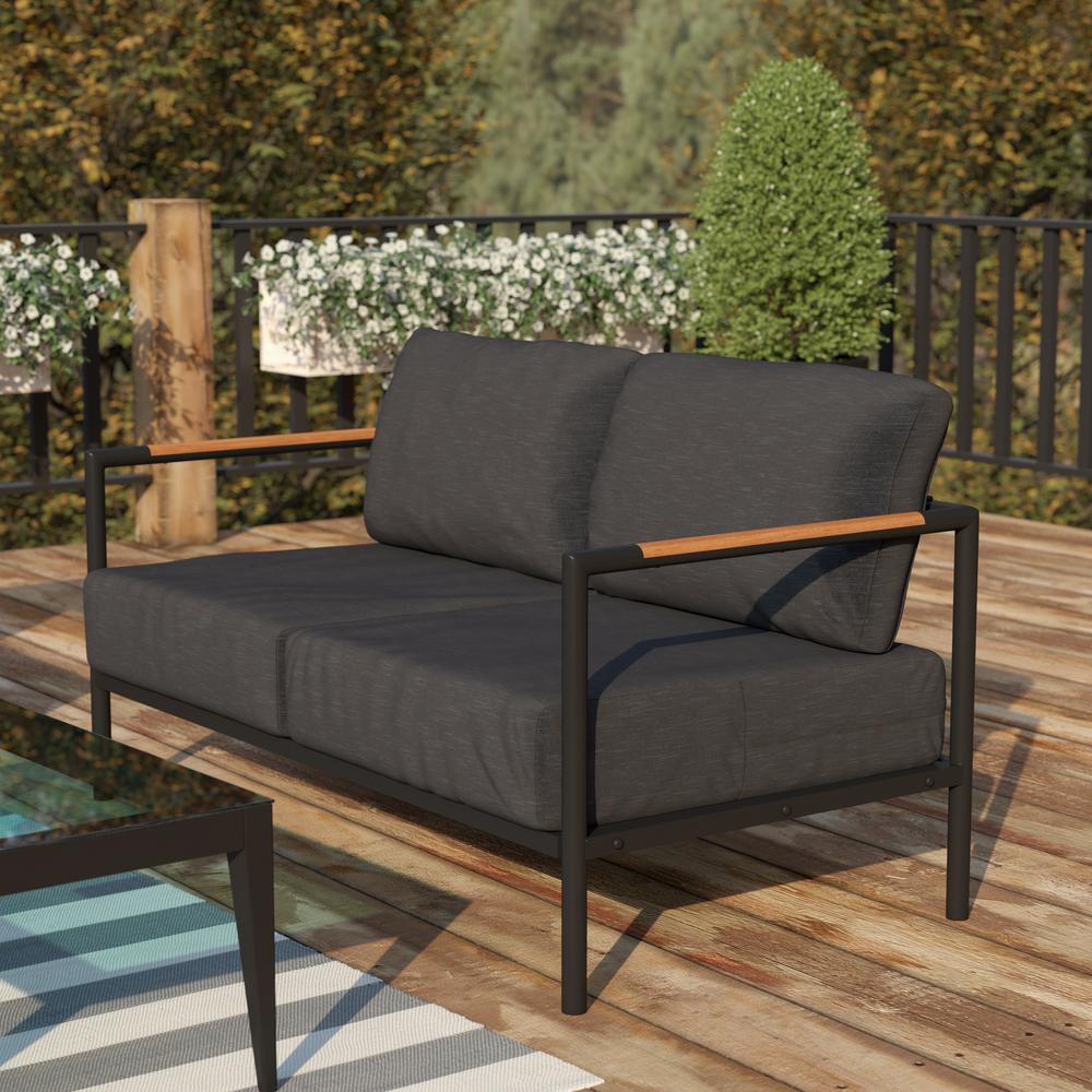 Patio Loveseat with Cushions  with Teak Accent Arms, Black-Charcoal Cushions. Picture 2