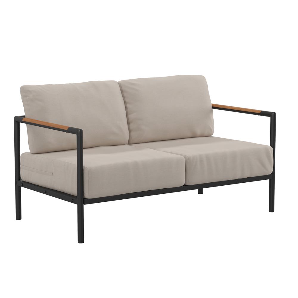 Patio Loveseat with Cushions with Teak Accent Arms, Black with Beige Cushions. Picture 1