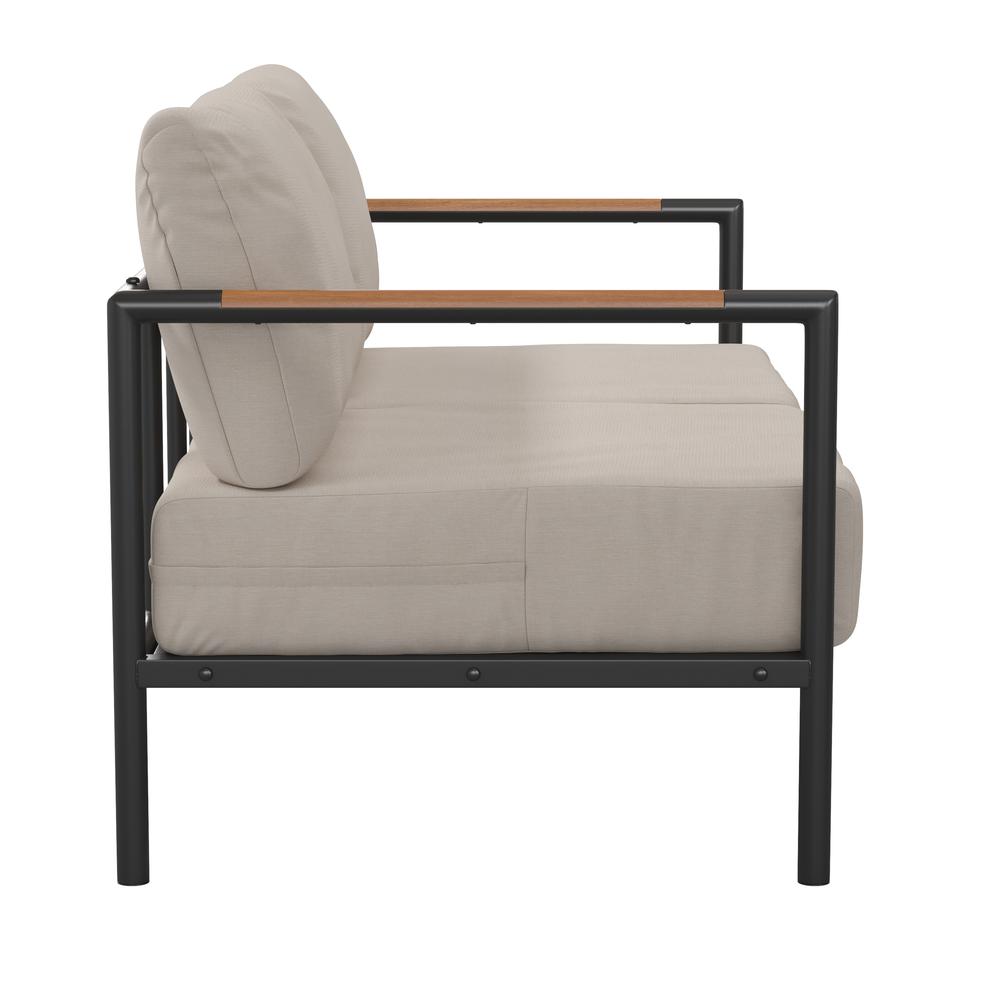 Patio Loveseat with Cushions with Teak Accent Arms, Black with Beige Cushions. Picture 8