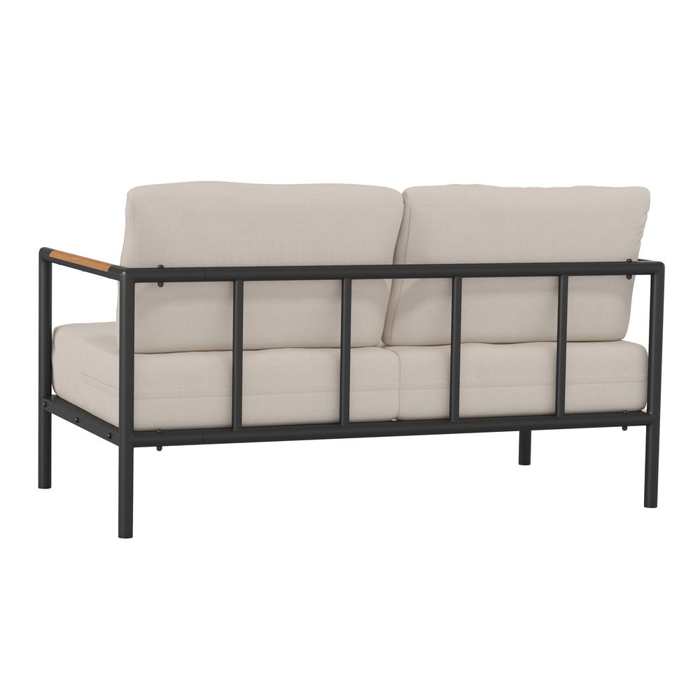 Patio Loveseat with Cushions with Teak Accent Arms, Black with Beige Cushions. Picture 6