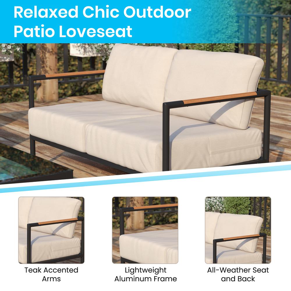 Patio Loveseat with Cushions with Teak Accent Arms, Black with Beige Cushions. Picture 4