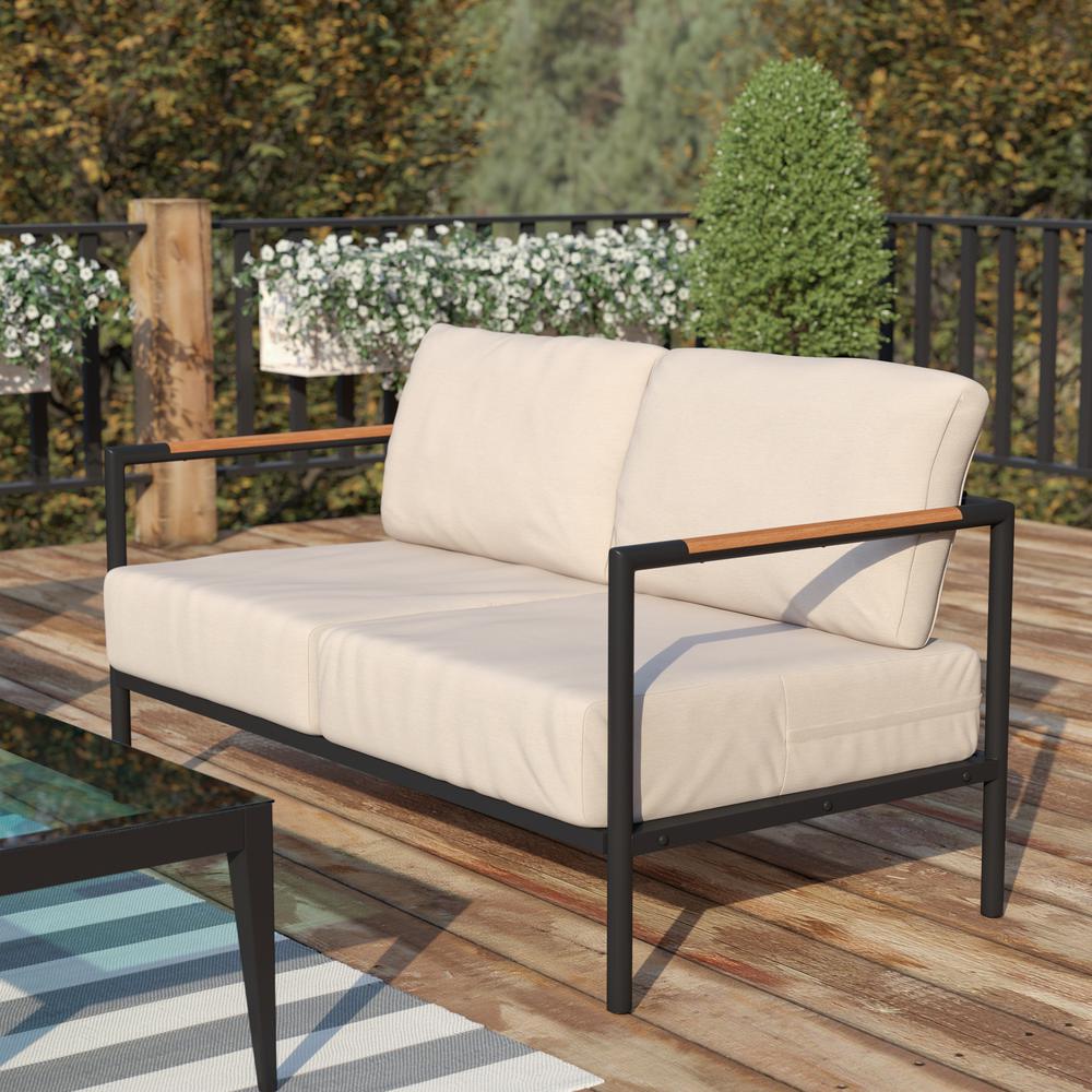 Patio Loveseat with Cushions with Teak Accent Arms, Black with Beige Cushions. Picture 2