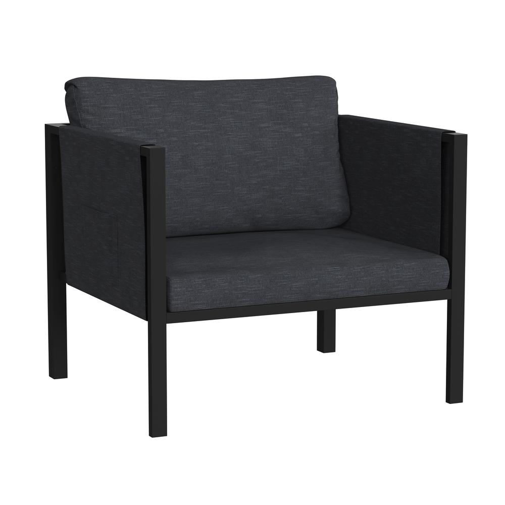 Indoor/Outdoor Patio Chair with Cushions - Modern Steel Framed Chair with Storage Pockets, Black with Charcoal Cushions. Picture 1