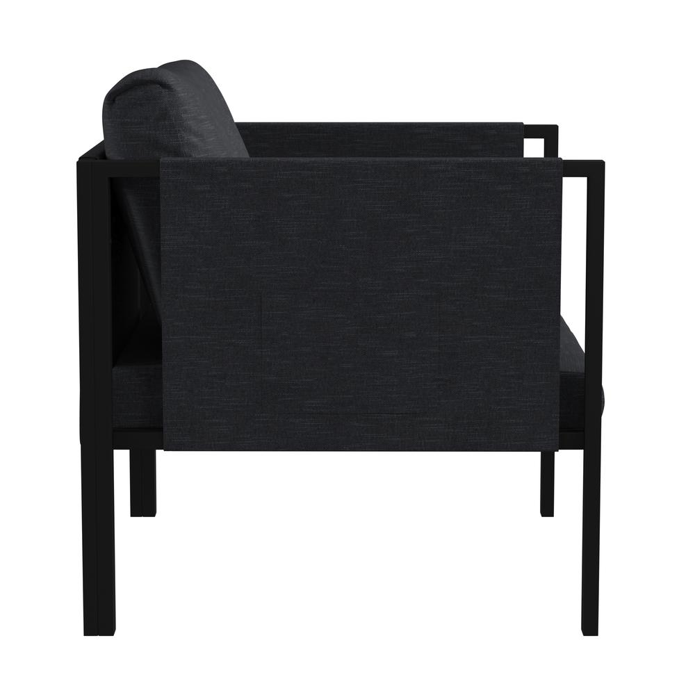 Indoor/Outdoor Patio Chair with Cushions - Modern Steel Framed Chair with Storage Pockets, Black with Charcoal Cushions. Picture 8