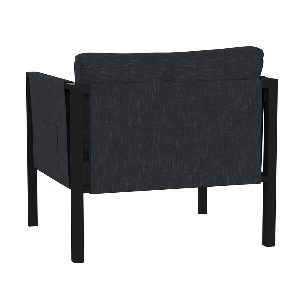 Indoor/Outdoor Patio Chair with Cushions - Modern Steel Framed Chair with Storage Pockets, Black with Charcoal Cushions. Picture 6