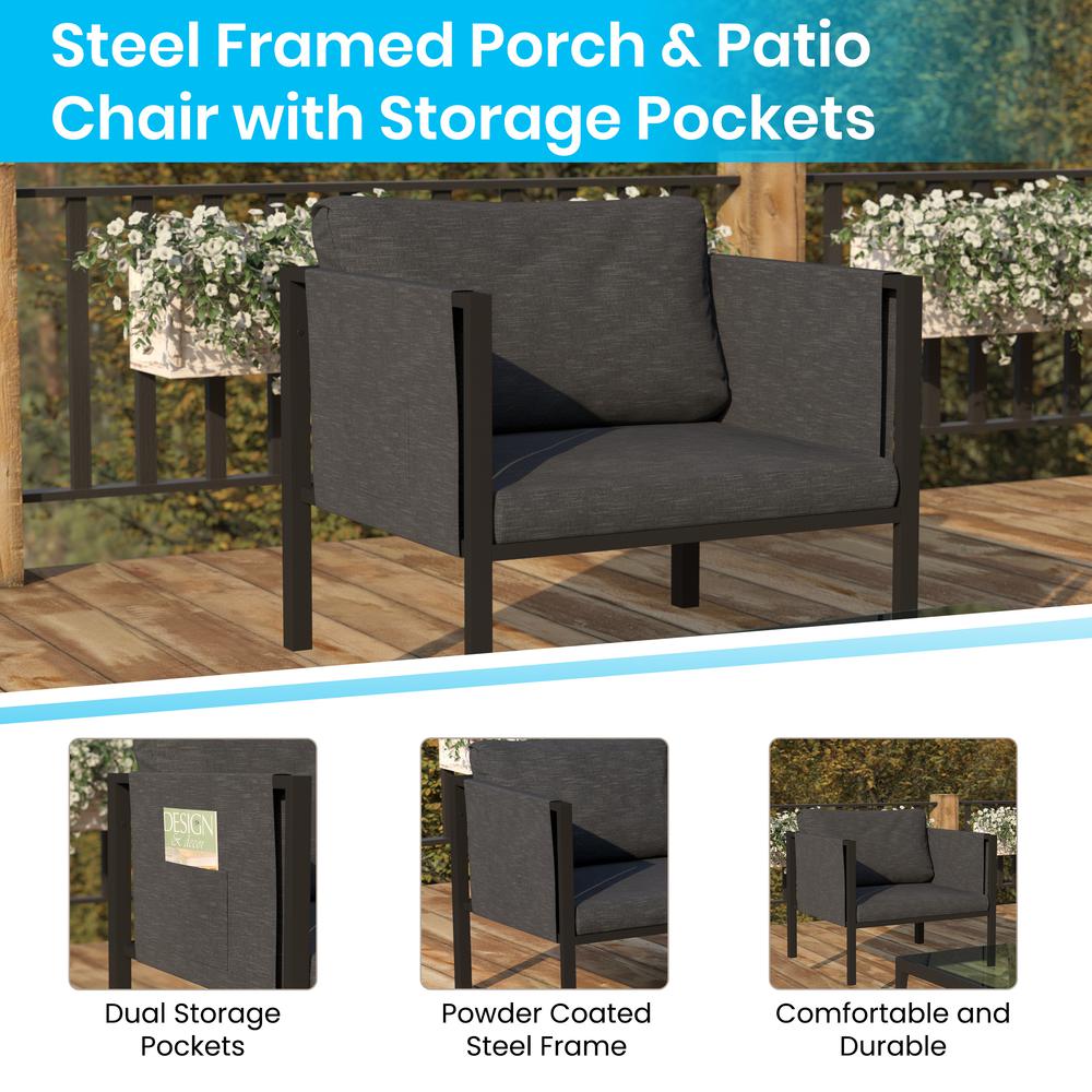 Indoor/Outdoor Patio Chair with Cushions - Modern Steel Framed Chair with Storage Pockets, Black with Charcoal Cushions. Picture 4
