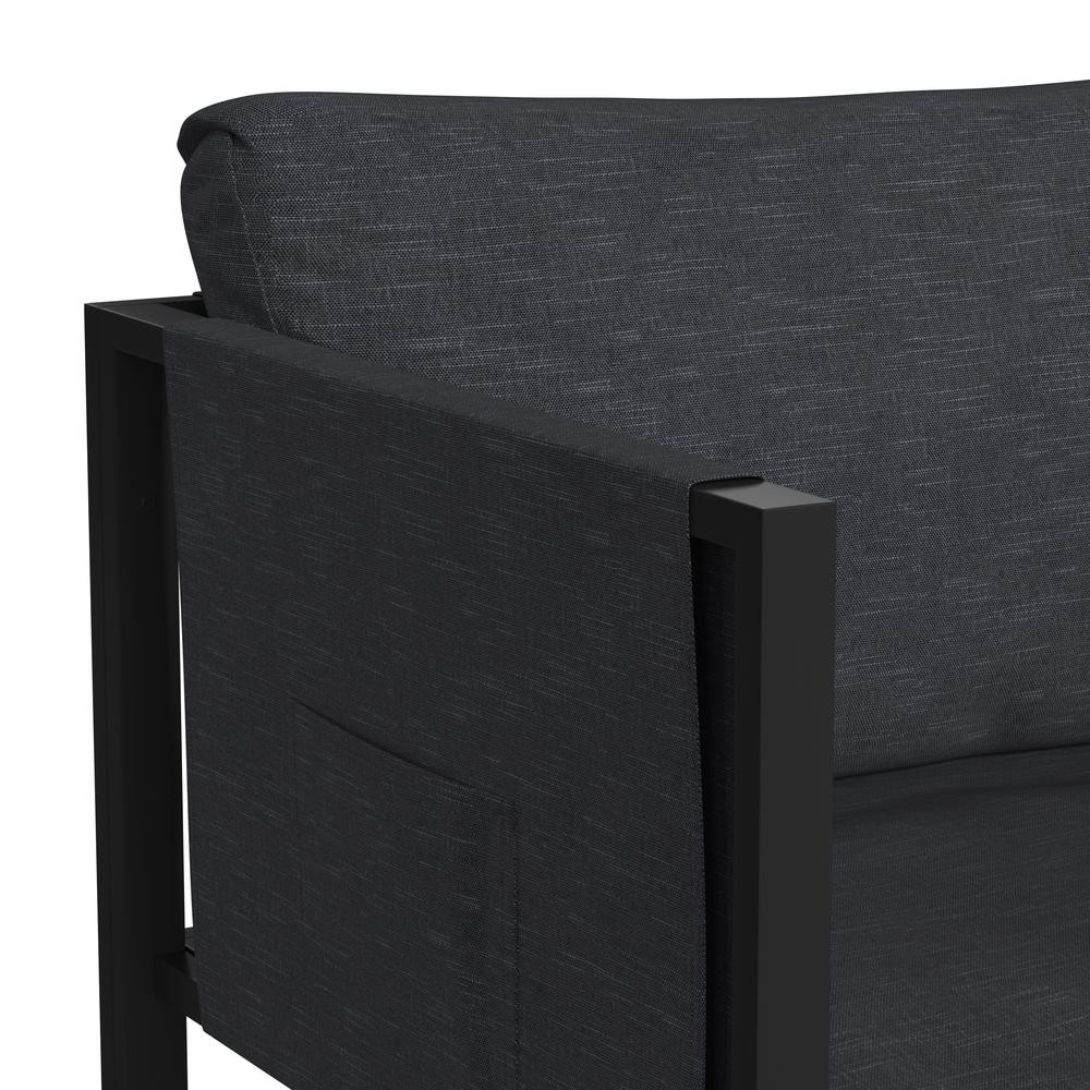 Indoor/Outdoor Patio Chair with Cushions - Modern Steel Framed Chair with Storage Pockets, Black with Charcoal Cushions. Picture 7