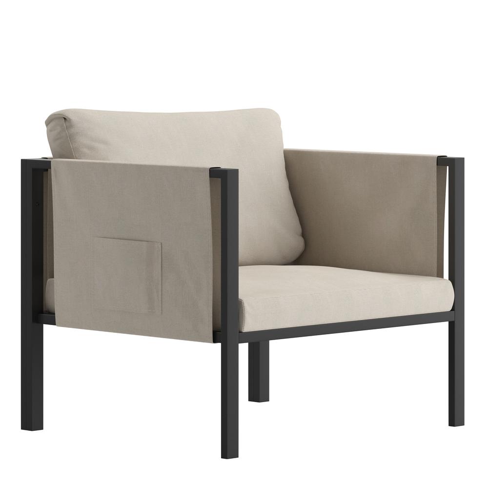 Lea Indoor/Outdoor Patio Chair with Cushions - Modern Steel Framed Chair with Storage Pockets, Black with Beige Cushions. Picture 1
