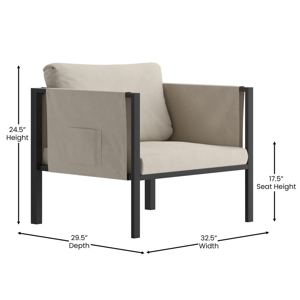 Lea Indoor/Outdoor Patio Chair with Cushions - Modern Steel Framed Chair with Storage Pockets, Black with Beige Cushions. Picture 5