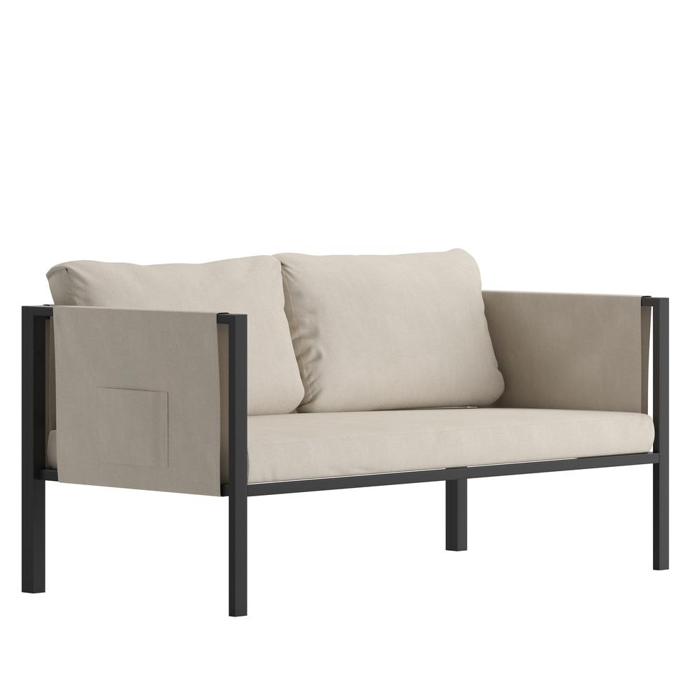 Lea Indoor/Outdoor Loveseat with Cushions - Modern Steel Framed Chair with Storage Pockets, Black with Beige Cushions. The main picture.