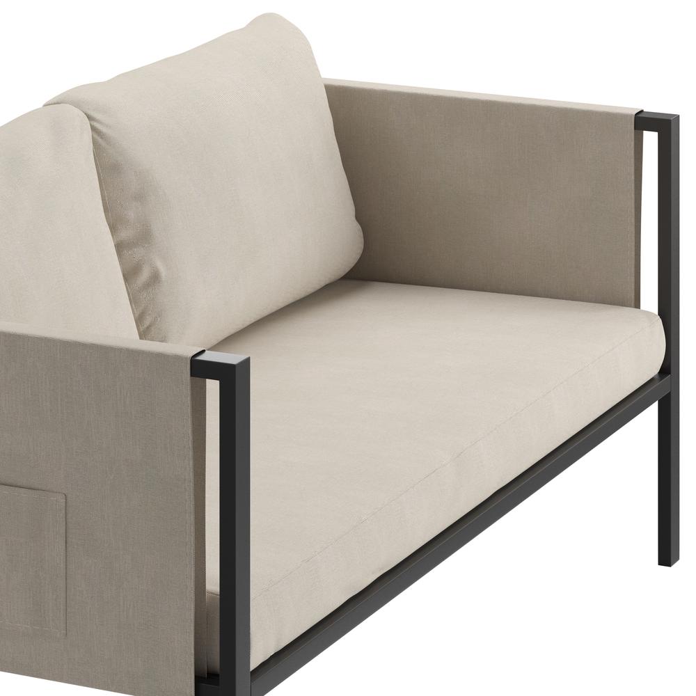 Lea Indoor/Outdoor Loveseat with Cushions - Modern Steel Framed Chair with Storage Pockets, Black with Beige Cushions. Picture 7