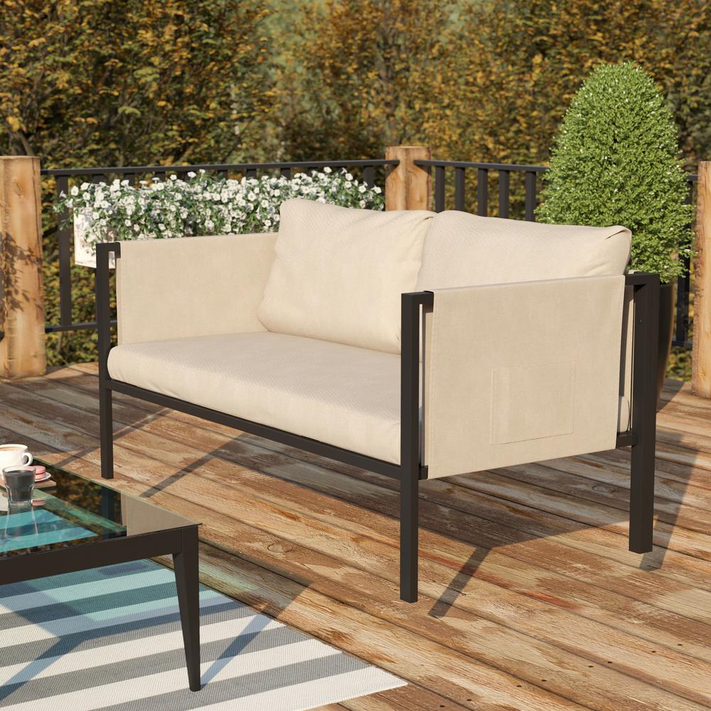 Lea Indoor/Outdoor Loveseat with Cushions - Modern Steel Framed Chair with Storage Pockets, Black with Beige Cushions. Picture 2