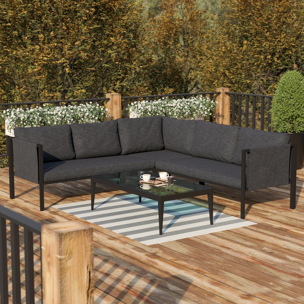Sectional with Cushions, Black with Charcoal Cushions. Picture 2