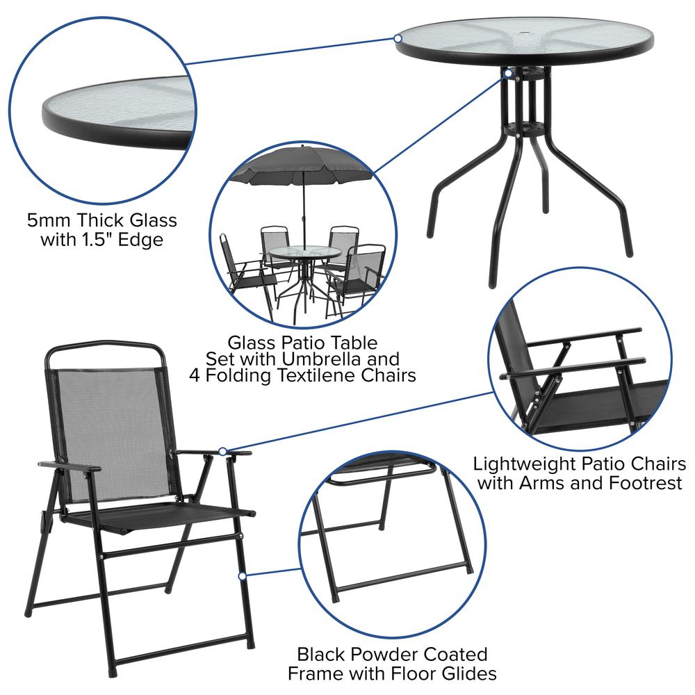 6 Piece Black Patio Garden Set with Umbrella Table and Set of 4 Folding Chairs. Picture 4