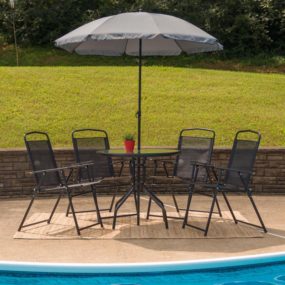 6 Piece Black Patio Garden Set with Umbrella Table and Set of 4 Folding Chairs. Picture 13