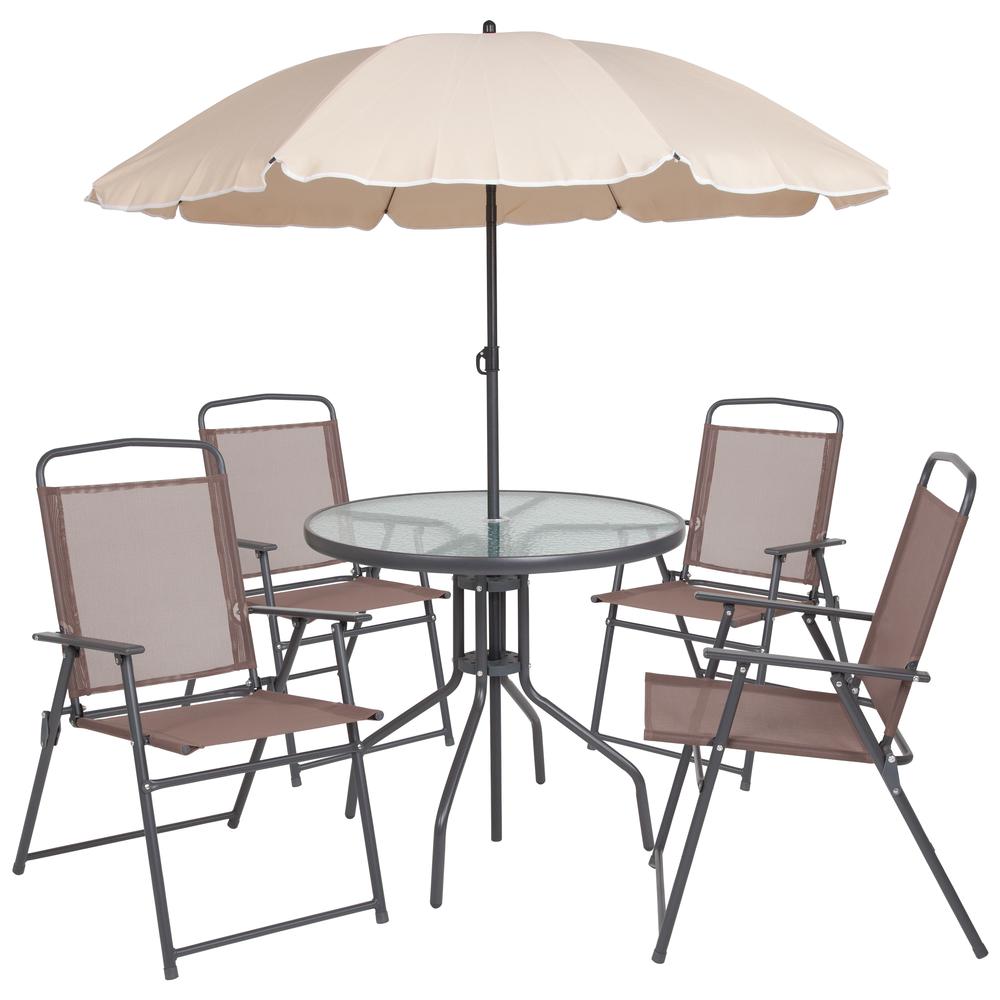 6 Piece Brown Patio Garden Set with Umbrella Table and Set of 4 Folding Chairs. The main picture.