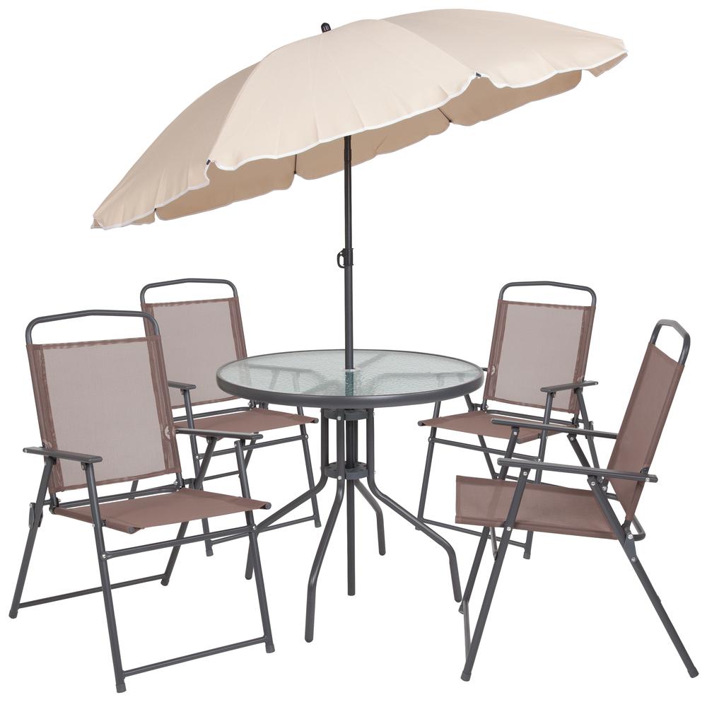 6 Piece Brown Patio Garden Set with Umbrella Table and Set of 4 Folding Chairs. Picture 3