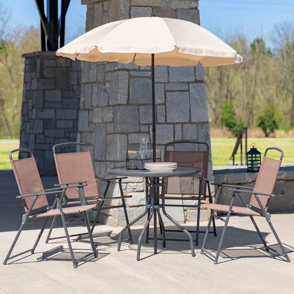 6 Piece Brown Patio Garden Set with Umbrella Table and Set of 4 Folding Chairs. Picture 11
