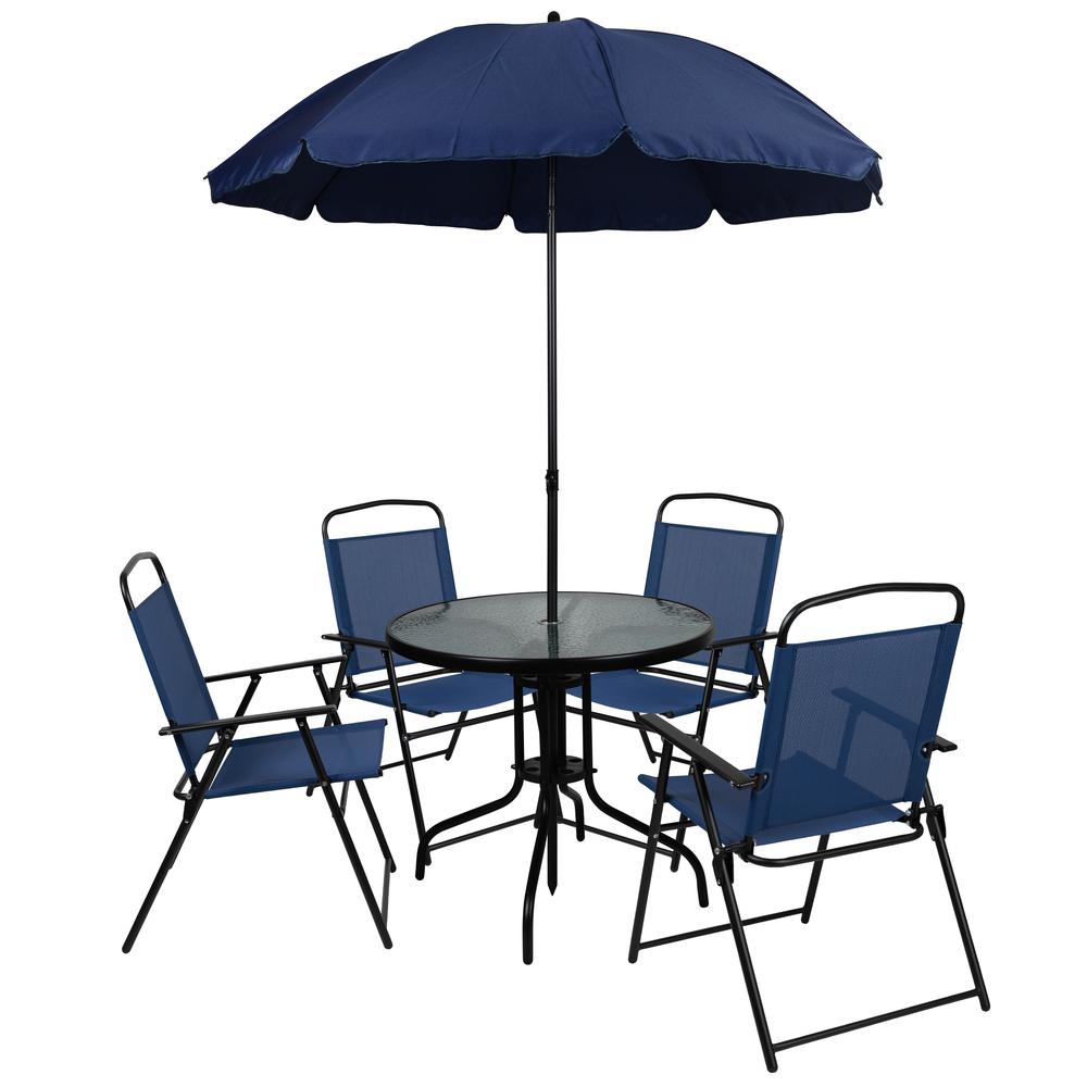 6 Piece Navy Patio Garden Set with Umbrella Table and Set of 4 Folding Chairs. Picture 1