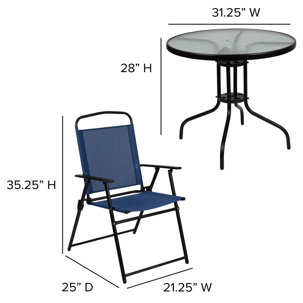 6 Piece Navy Patio Garden Set with Umbrella Table and Set of 4 Folding Chairs. Picture 5