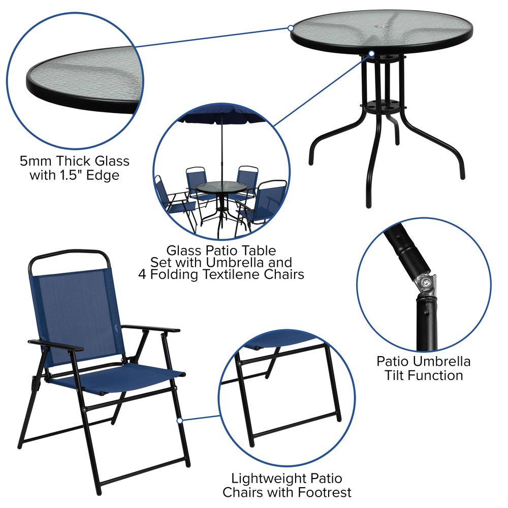 6 Piece Navy Patio Garden Set with Umbrella Table and Set of 4 Folding Chairs. Picture 4