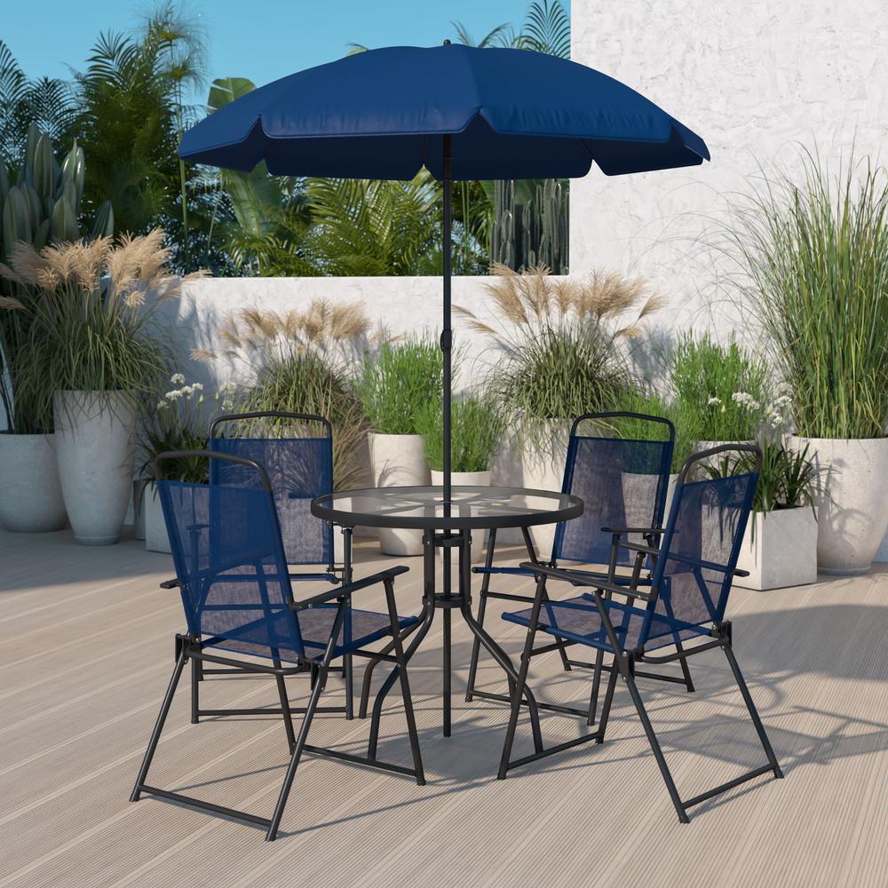 6 Piece Navy Patio Garden Set with Umbrella Table and Set of 4 Folding Chairs. Picture 2
