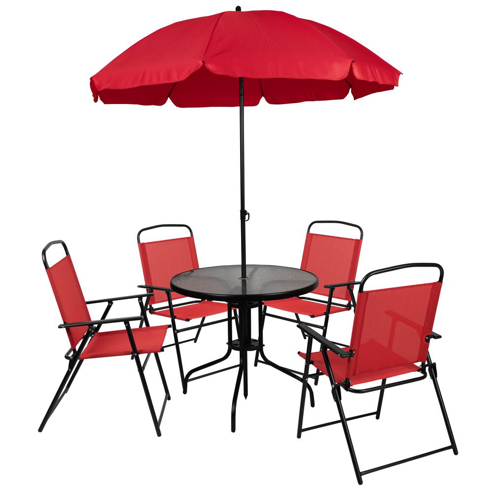 6 Piece Red Patio Garden Set with Umbrella Table and Set of 4 Folding Chairs. Picture 2