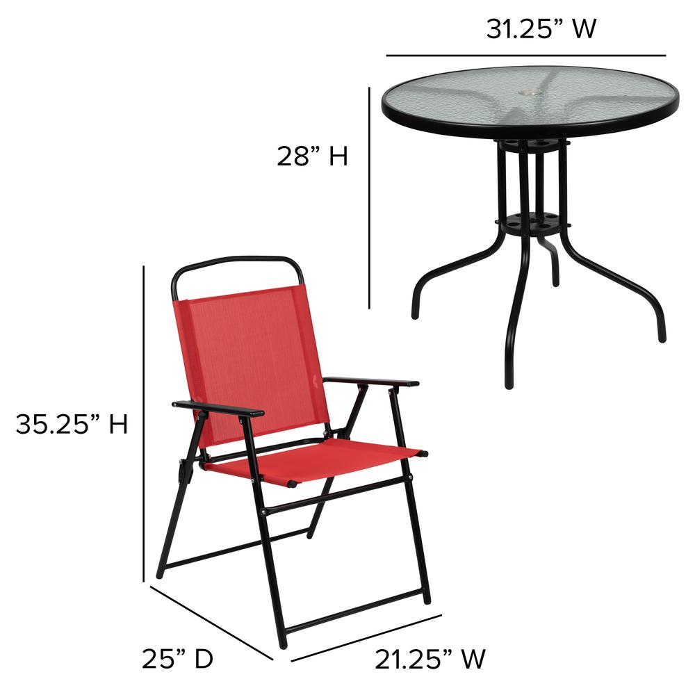 6 Piece Red Patio Garden Set with Umbrella Table and Set of 4 Folding Chairs. Picture 5