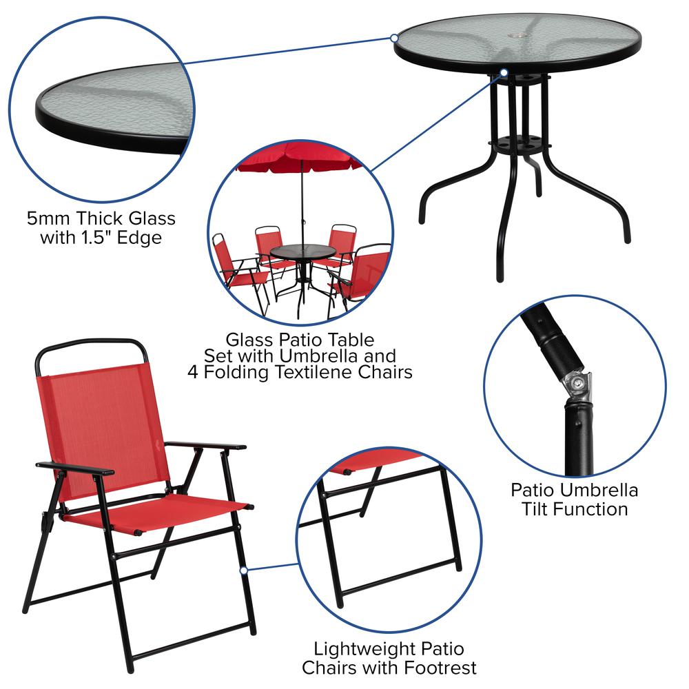 6 Piece Red Patio Garden Set with Umbrella Table and Set of 4 Folding Chairs. Picture 4