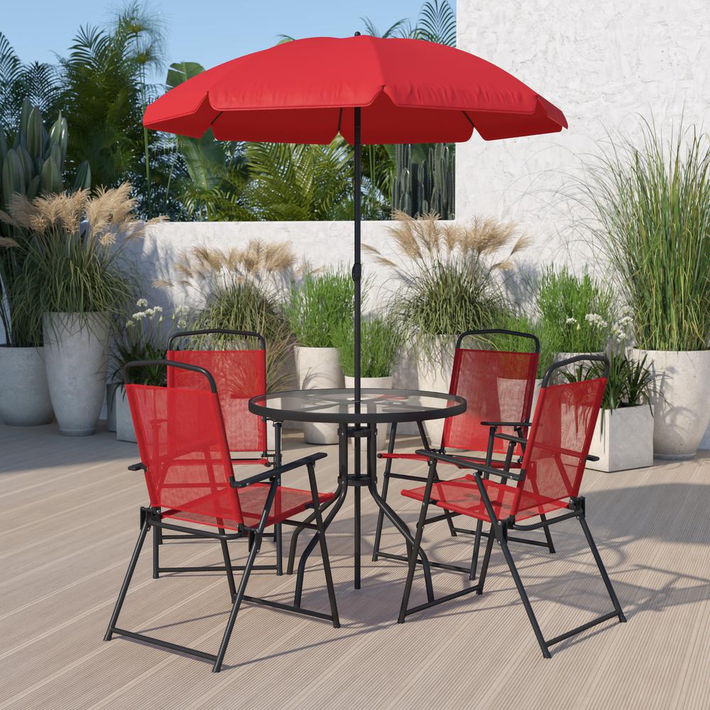 6 Piece Red Patio Garden Set with Umbrella Table and Set of 4 Folding Chairs. Picture 1