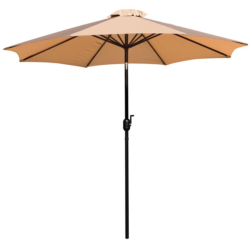 Tan 9 FT Round Umbrella with 1.5" Diameter Aluminum Pole with Crank and Tilt Function. Picture 2