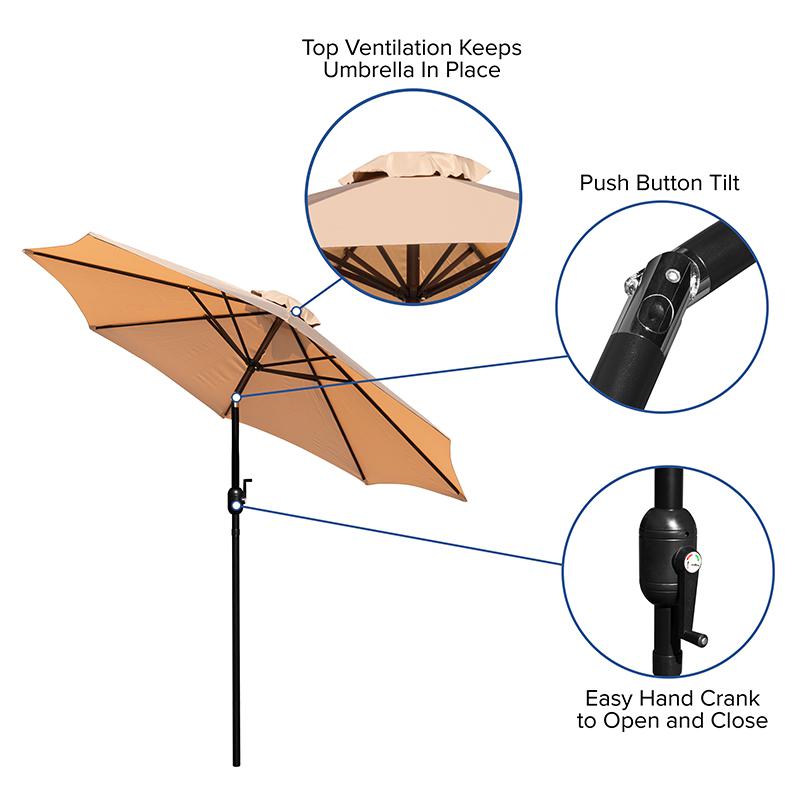 Tan 9 FT Round Umbrella with 1.5" Diameter Aluminum Pole with Crank and Tilt Function. Picture 4