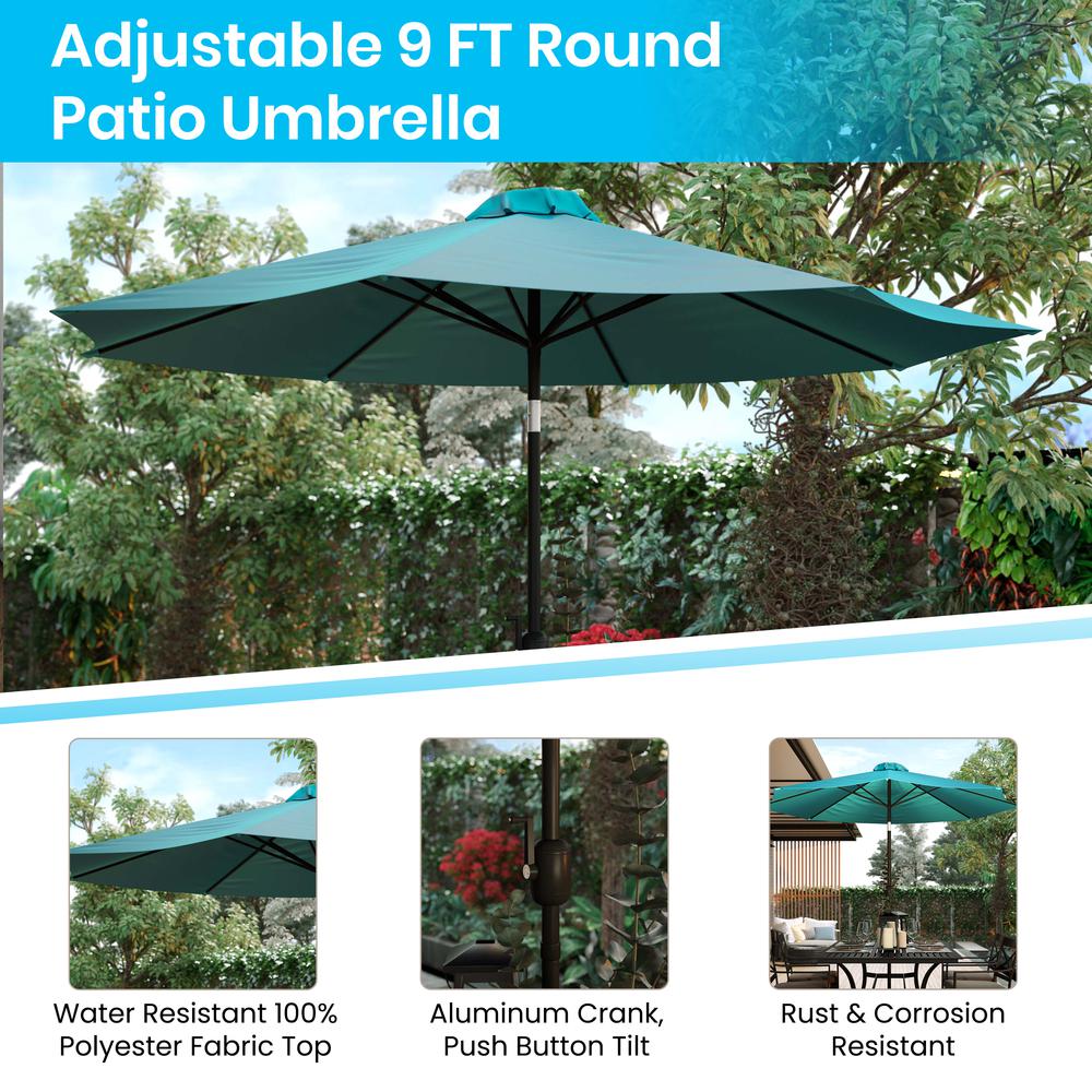 Teal 9 FT Round Umbrella with 1.5" Diameter Aluminum Pole with Crank and Tilt Function. Picture 5