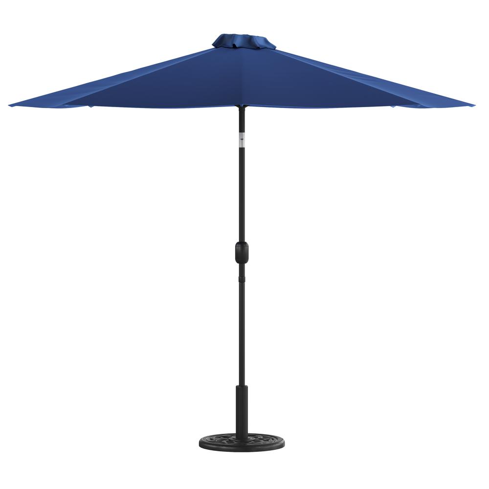 Navy 9 FT Round Umbrella with Crank and Tilt Function and Standing Umbrella Base. Picture 2