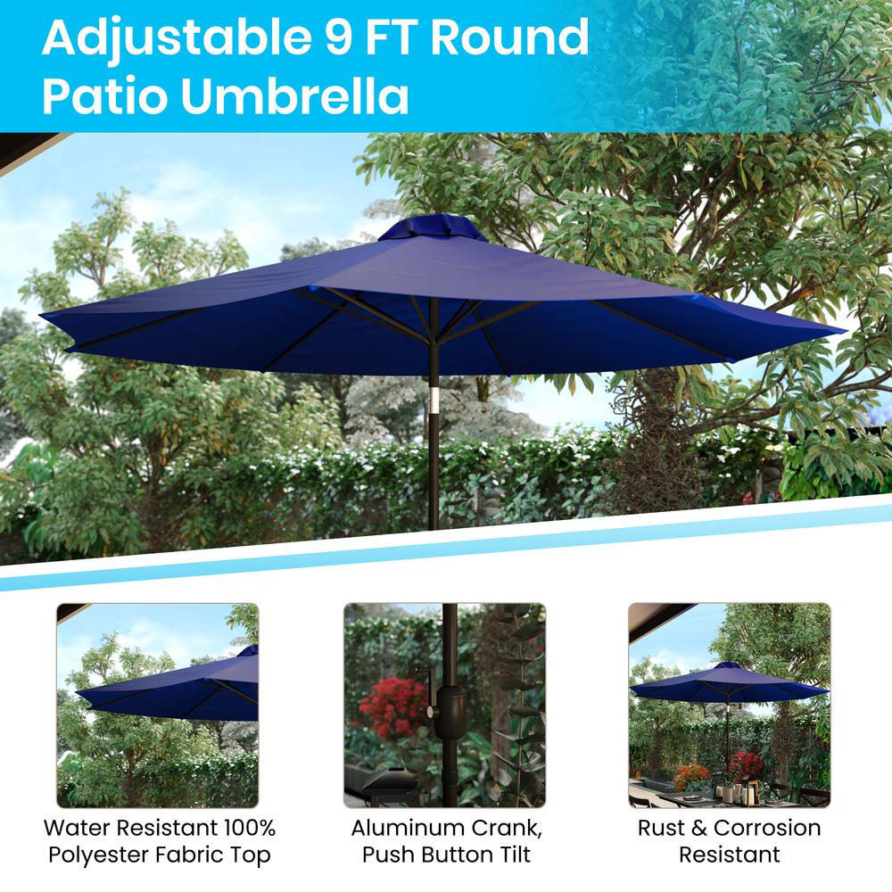 Navy 9 FT Round Umbrella with Crank and Tilt Function and Standing Umbrella Base. Picture 5