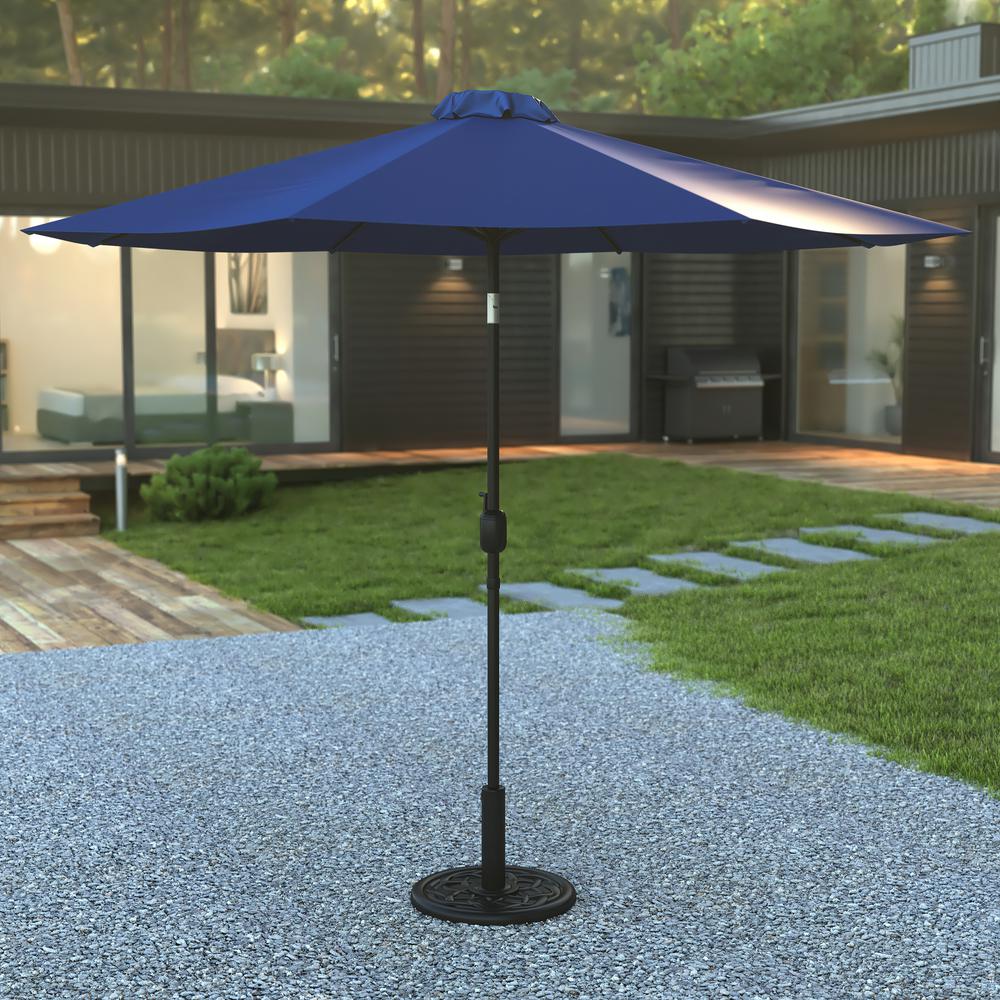 Navy 9 FT Round Umbrella with Crank and Tilt Function and Standing Umbrella Base. Picture 1