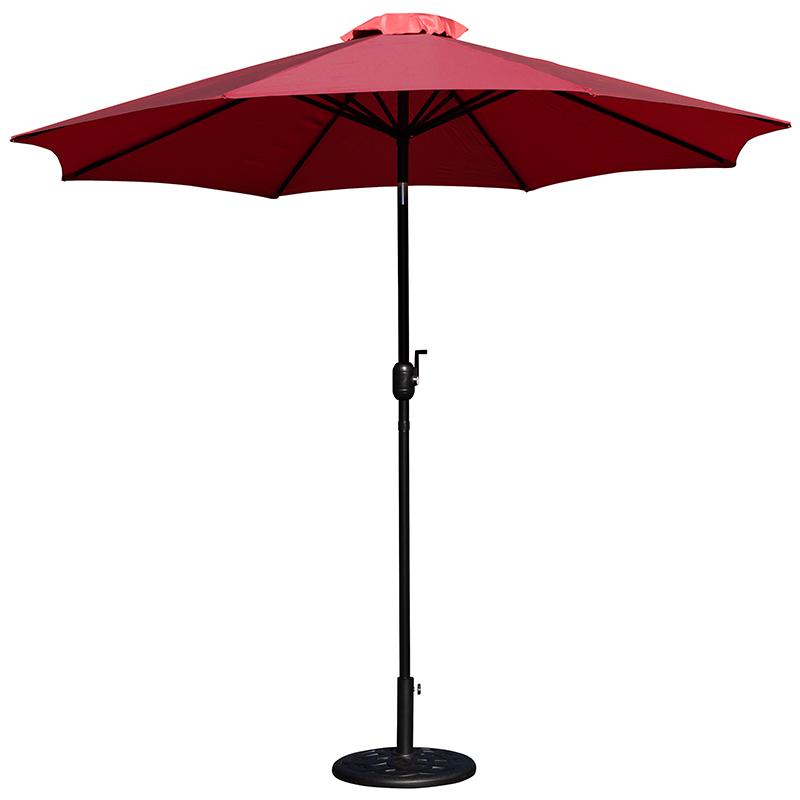 Red 9 FT Round Umbrella with Crank and Tilt Function and Standing Umbrella Base. Picture 2