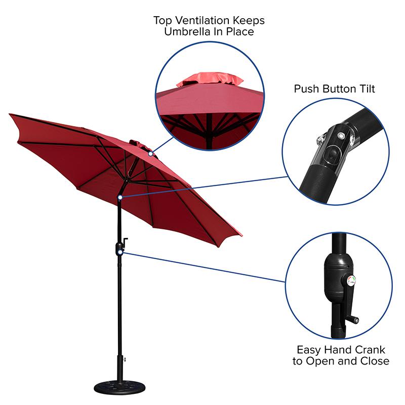 Red 9 FT Round Umbrella with Crank and Tilt Function and Standing Umbrella Base. Picture 4