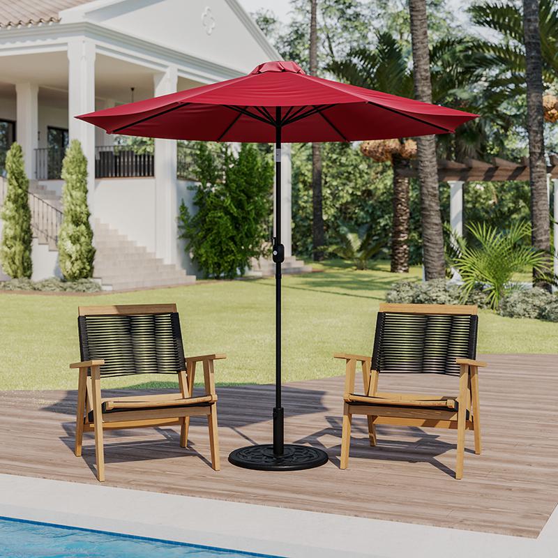 Red 9 FT Round Umbrella with Crank and Tilt Function and Standing Umbrella Base. Picture 1