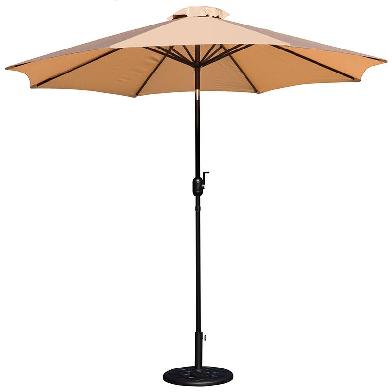 Tan 9 FT Round Umbrella with Crank and Tilt Function and Standing Umbrella Base. Picture 2
