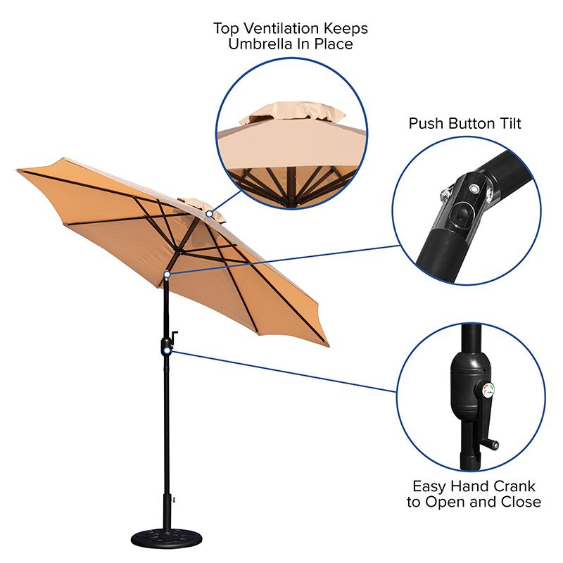 Tan 9 FT Round Umbrella with Crank and Tilt Function and Standing Umbrella Base. Picture 4