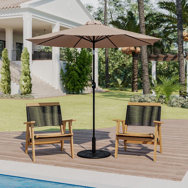 Tan 9 FT Round Umbrella with Crank and Tilt Function and Standing Umbrella Base. The main picture.