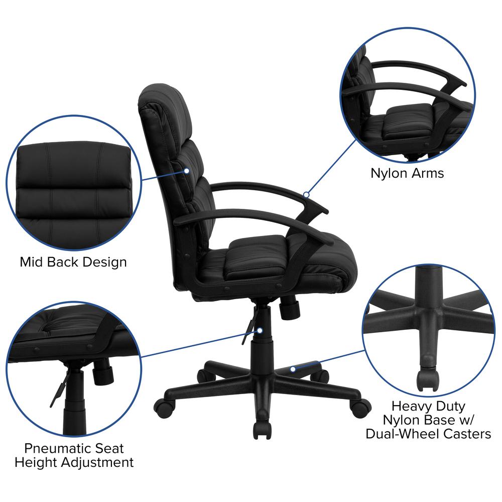 Mid-Back Black LeatherSoft Swivel Task Office Chair with Accent Divided Back and Arms. Picture 6