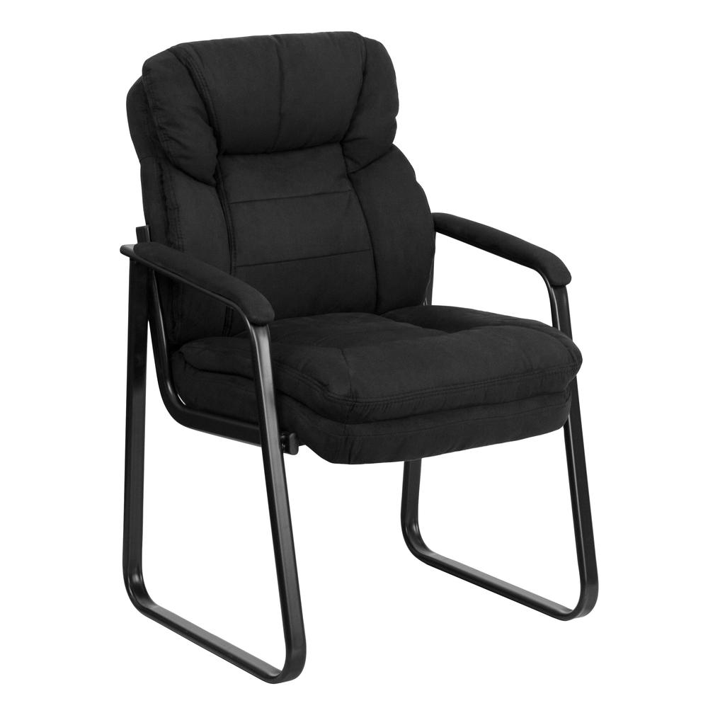 Black Microfiber Executive Side Reception Chair with Lumbar Support and Sled Base. Picture 1