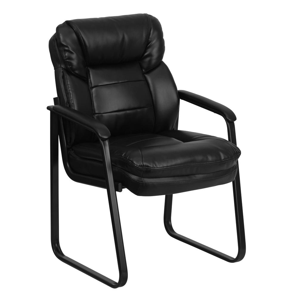 Black LeatherSoft Executive Side Reception Chair with Lumbar Support and Sled Base. Picture 1