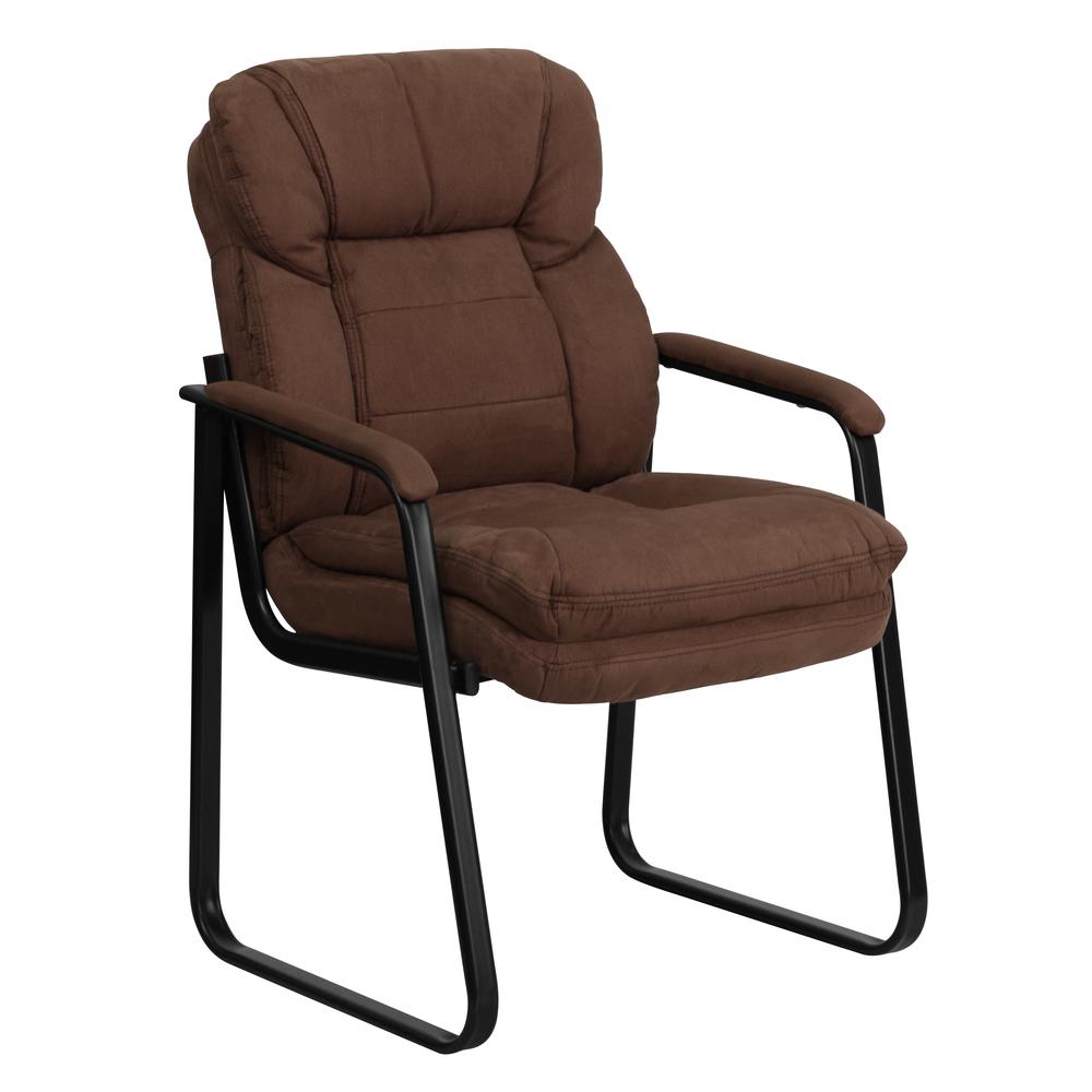 Brown Microfiber Executive Side Reception Chair with Lumbar Support and Sled Base. Picture 1
