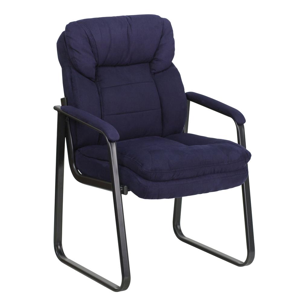 Navy Microfiber Executive Side Reception Chair with Lumbar Support and Sled Base. Picture 1